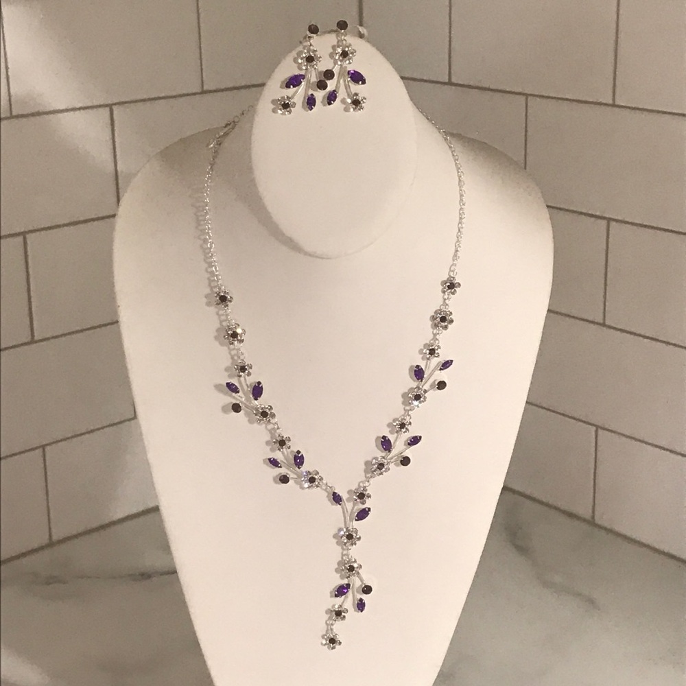 Danbury Mint Floral Vines Jewelry Set Purple Red Clear Rhinestones In Orig Box